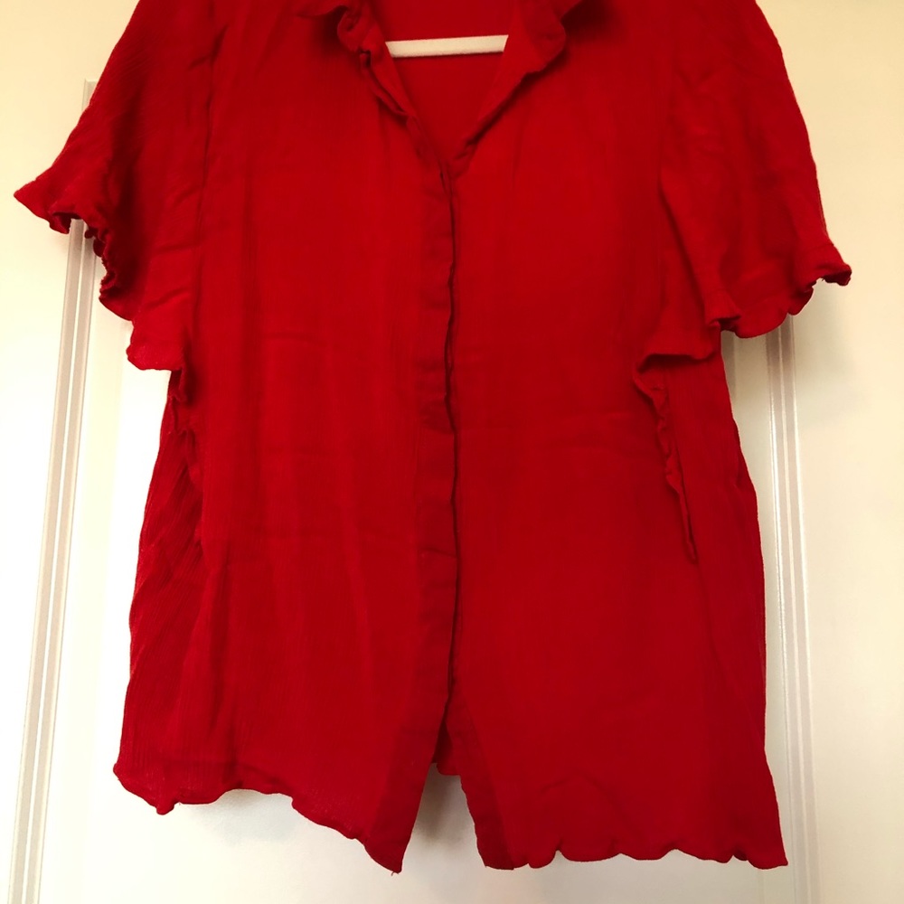 Red, Ruffle Shortsleeved Button Up Shirt - Picture 2 of 5